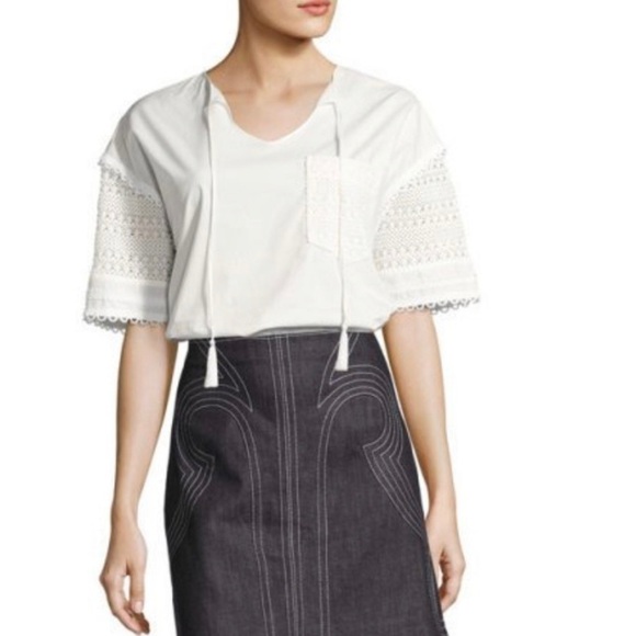 Derek Lam 10 Crosby White Poplin Crochet Sleeve Tassel Top Size 10 - Picture 2 of 7